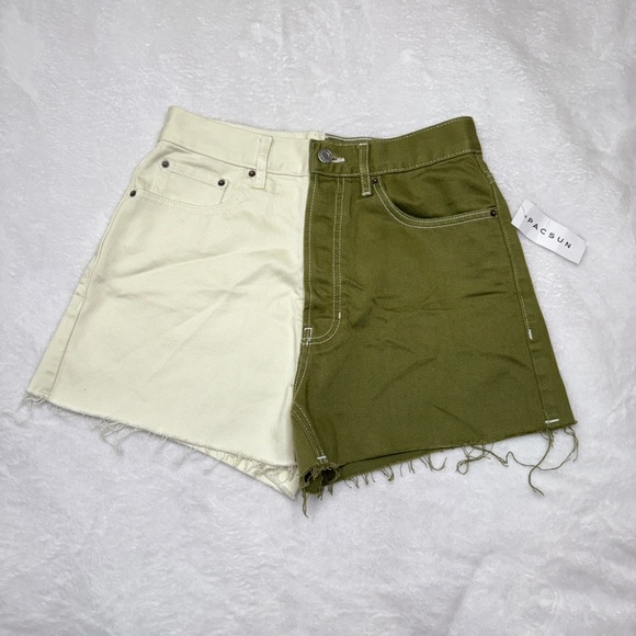 PacSun Pants - PacSun Cream and Green Two-Tone Jean Shorts